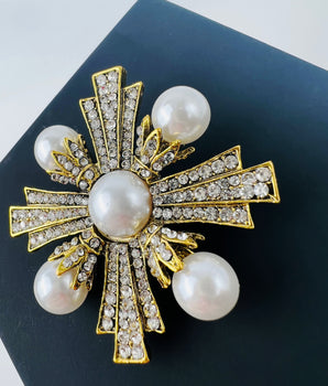 Vintage Style Pearl Cross Brooch